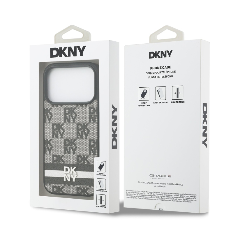 DKNY PU kožený zadný kryt s károvaným vzorom a pruhmi pre iPhone 17 Pro Black