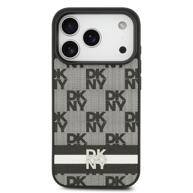 DKNY PU kožený zadný kryt s károvaným vzorom a pruhmi pre iPhone 17 Pro Black