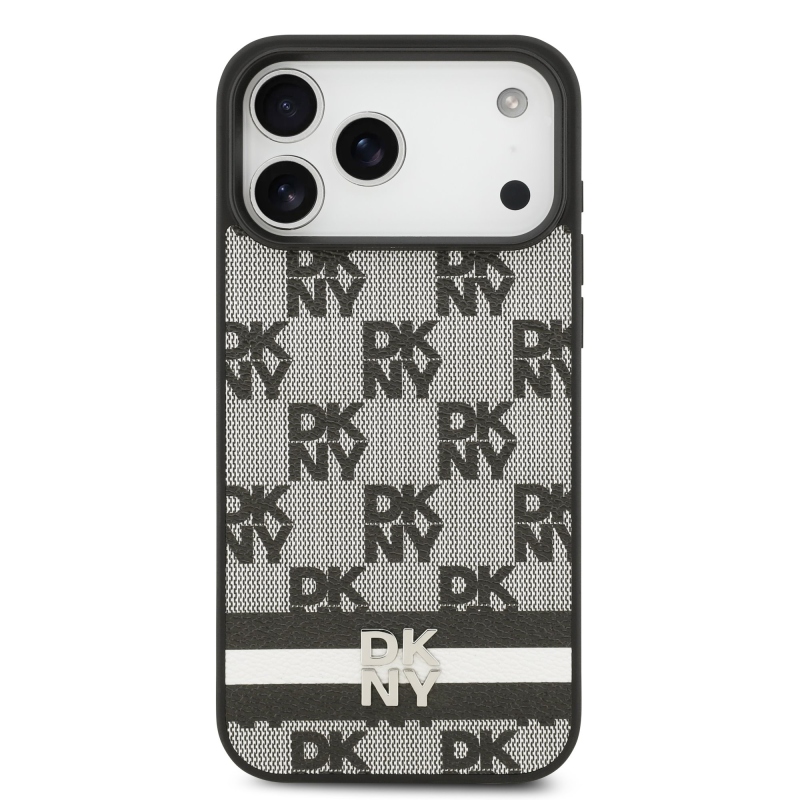 DKNY PU kožený zadný kryt s károvaným vzorom a pruhmi pre iPhone 17 Pro Max Black