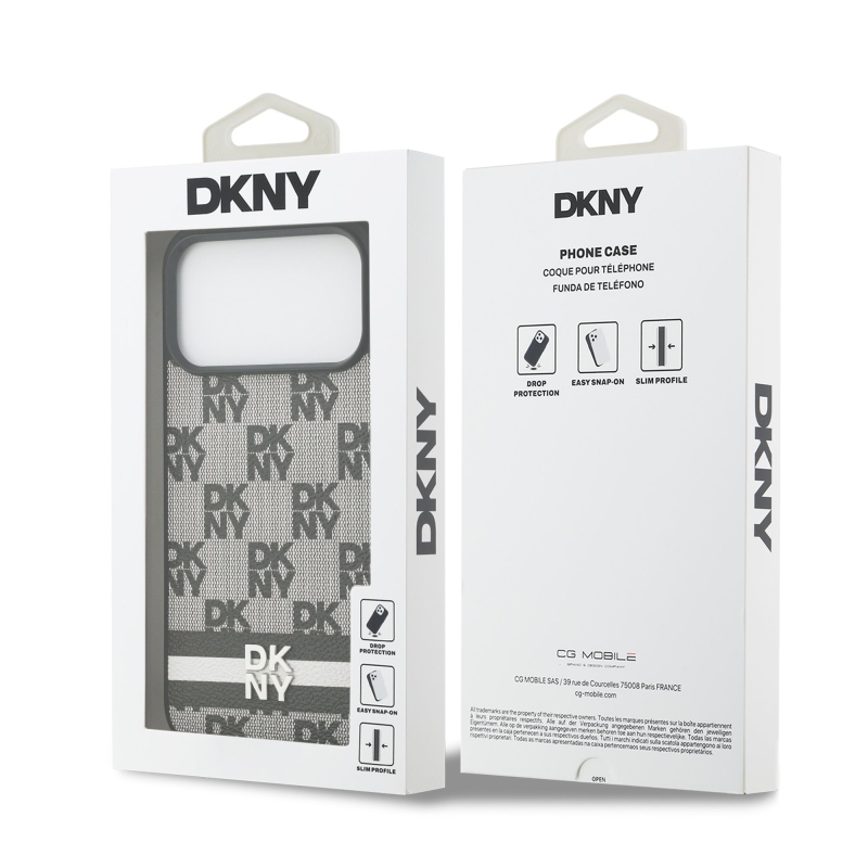 DKNY PU kožený zadný kryt s károvaným vzorom a pruhmi pre iPhone 17 Pro Max Black