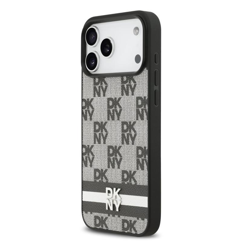 DKNY PU kožený zadný kryt s károvaným vzorom a pruhmi pre iPhone 17 Pro Max Black