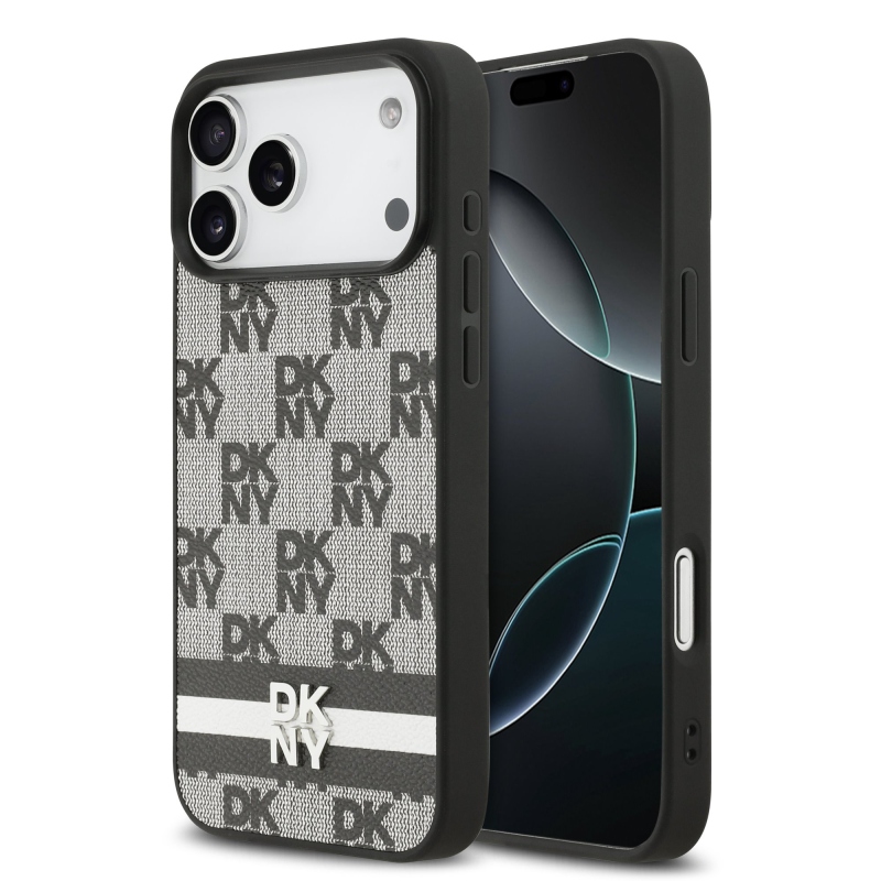 DKNY PU kožený zadný kryt s károvaným vzorom a pruhmi pre iPhone 17 Pro Max Black