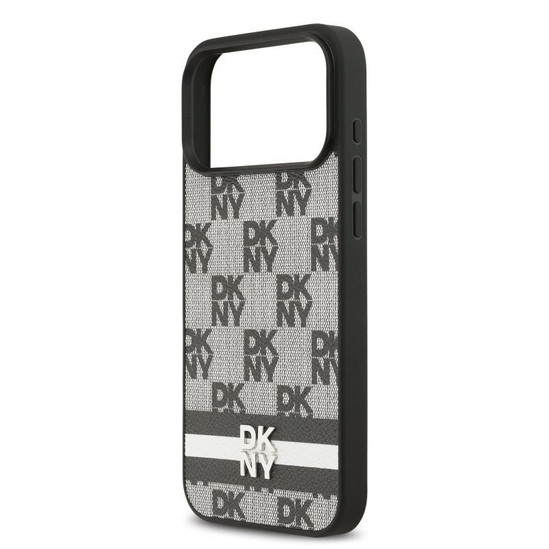 DKNY PU kožený zadný kryt s károvaným vzorom a pruhmi pre iPhone 17 Pro Max Black