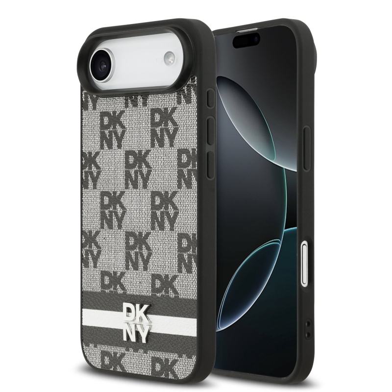 DKNY PU kožený zadný kryt s károvaným vzorom a pruhmi pre iPhone Air Black