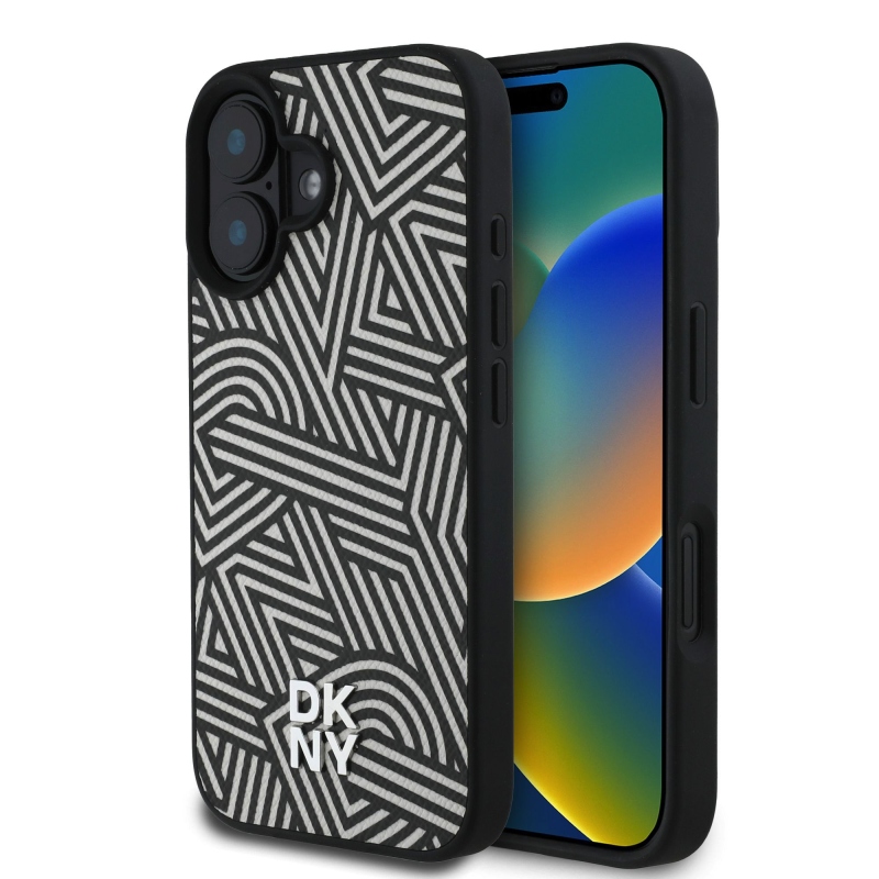 DKNY PU kožený zadný kryt Crosswalk Pattern Magsafe pre iPhone 16 Ivory