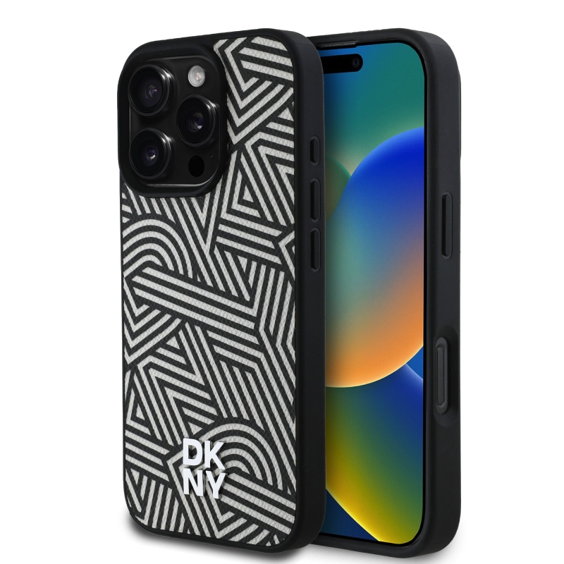 DKNY PU kožený zadný kryt Crosswalk Pattern Magsafe pre iPhone 16 Pro Ivory