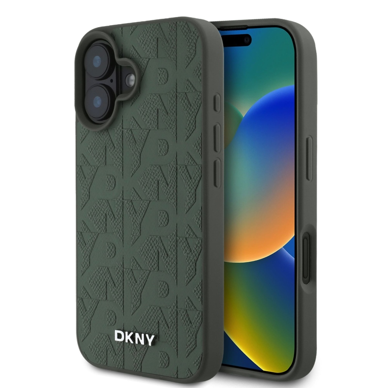 DKNY PU Leather Grid Pattern Magsafe Zadný Kryt pre iPhone 16 Green