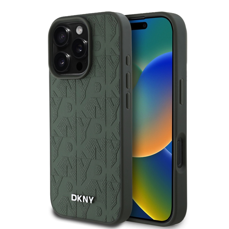 DKNY PU Leather Grid Pattern Magsafe Zadný Kryt pre iPhone 16 Pro Green