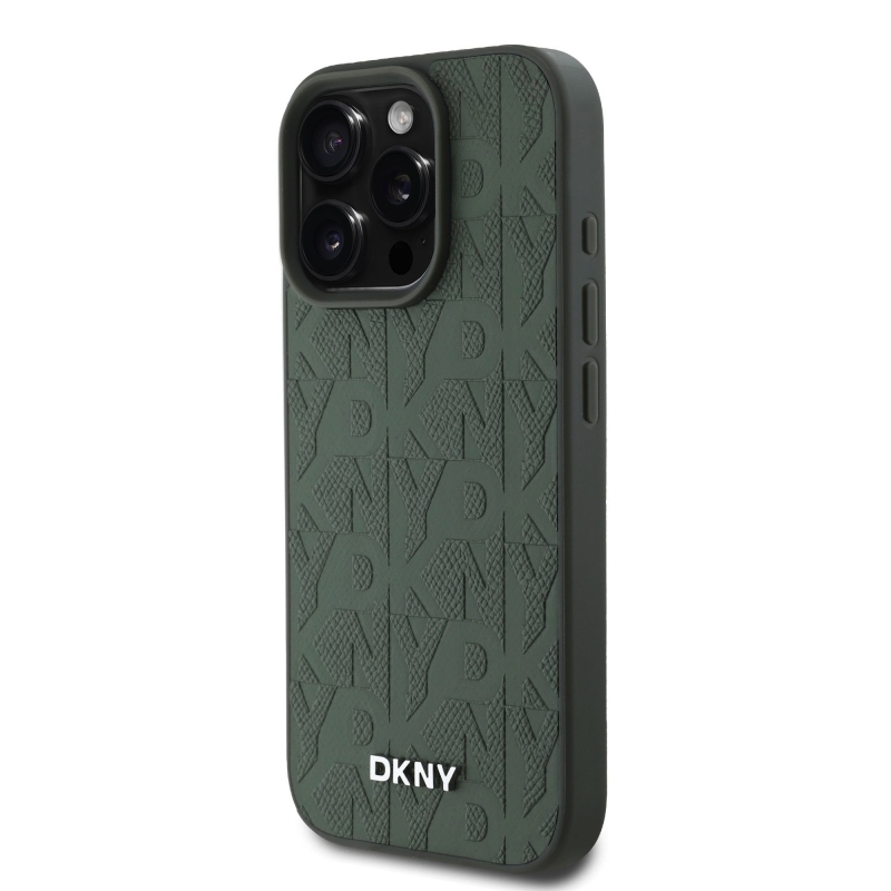 DKNY PU Leather Grid Pattern Magsafe Zadný Kryt pre iPhone 16 Pro Green