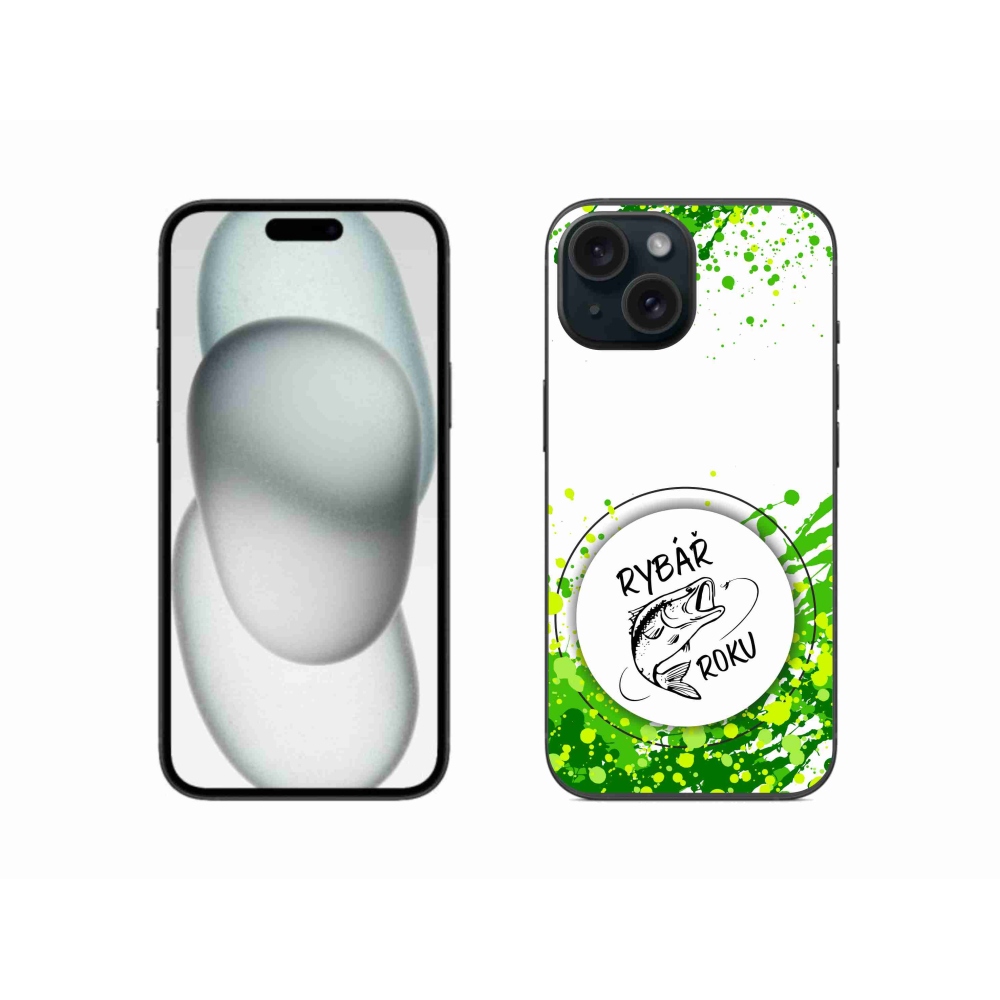 Gélový kryt mmCase na iPhone 15 - rybár roku biele pozadie