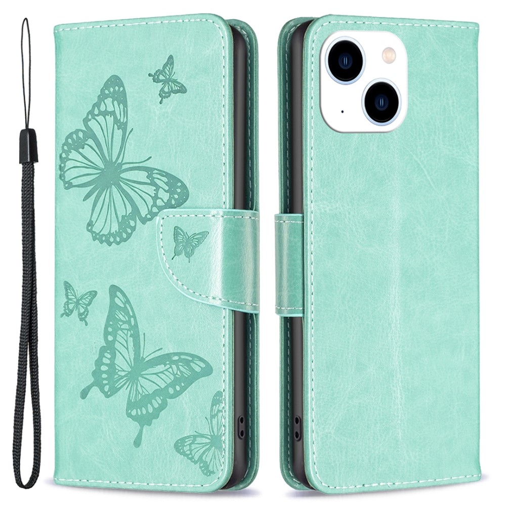 Butterfly knižkové puzdro na iPhone 15 - modrozelené