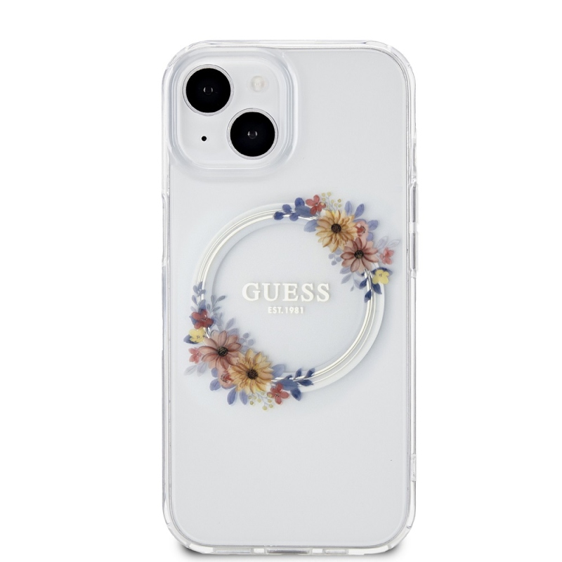 Guess PC/TPU Flowers Ring Glossy Logo MagSafe zadný kryt pre iPhone 15 Plus Transparent