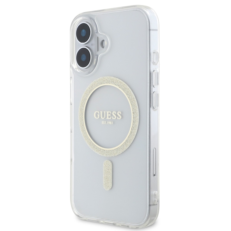 Guess IML Glitter Ring MagSafe Zadný Kryt pre iPhone 16 Transparent