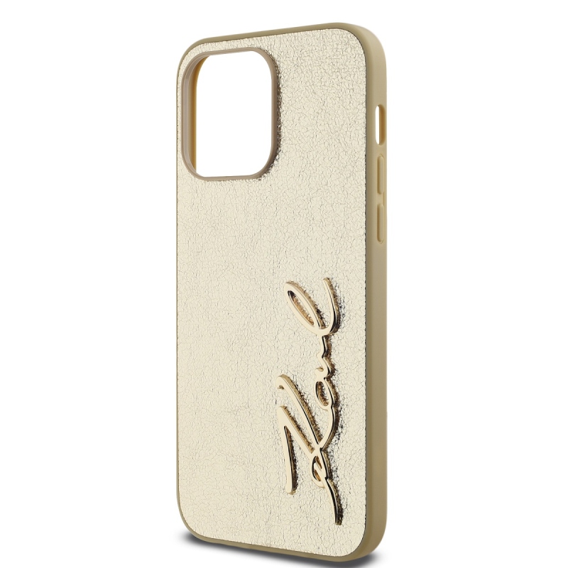 Karl Lagerfeld Wrinkled PU Signature Logo Zadný Kryt pre iPhone 14 Pro Gold