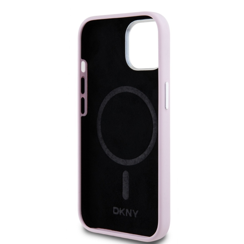 DKNY Liquid Silicone Silver Metal Logo Magsafe Zadný Kryt pre iPhone 15 Pink