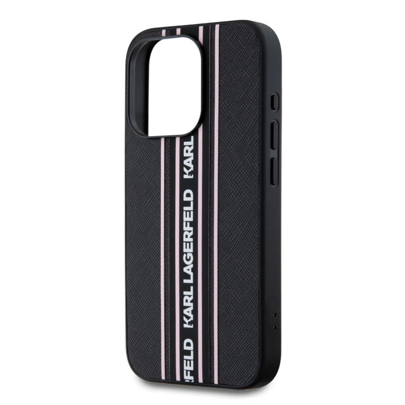 Karl Lagerfeld PU Saffiano Athleisure Stripe and Strap Zadný Kryt pre iPhone 15 Pro Pink