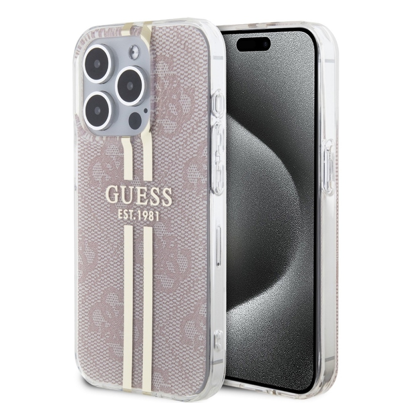 Guess IML 4G Gold Stripe Zadný Kryt pre iPhone 15 Pro Pink