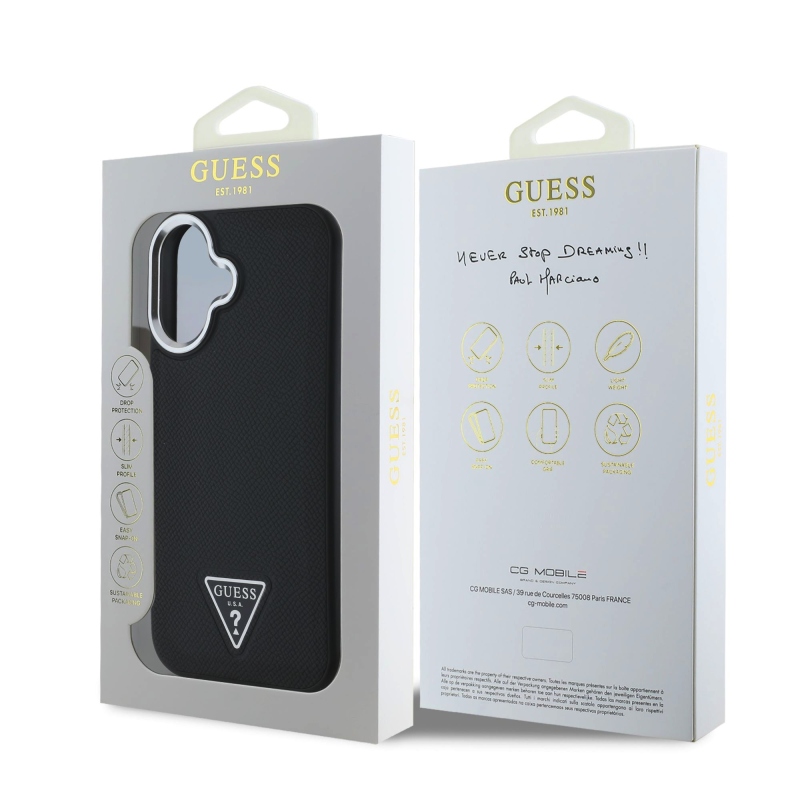 Guess PU Grained Triangle Logo Zadný Kryt pre iPhone 16 Black