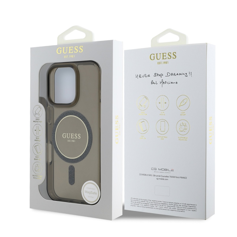 Guess IML Glitter Ring MagSafe Zadný Kryt pre iPhone 16 Pro Max Black