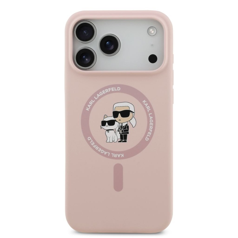 Karl Lagerfeld – zadný kryt z tekutého silikónu s motívom Karla a Choupette, kompatibilný s MagSafe, pre iPhone 18 Pro Max, ružový