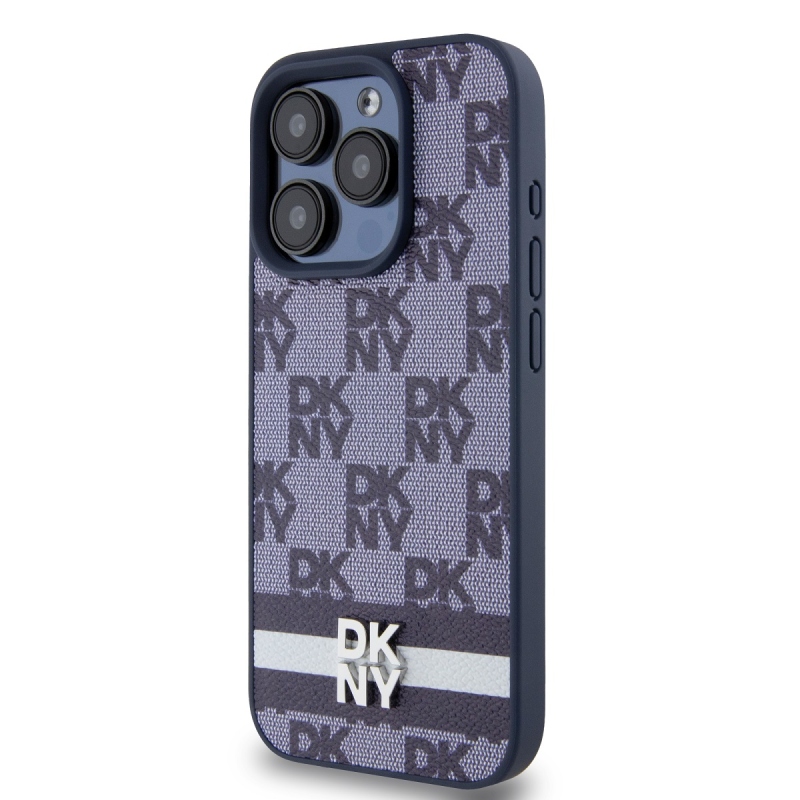 DKNY PU Leather Checkered Pattern and Stripe Zadný Kryt pre iPhone 15 Pro Blue