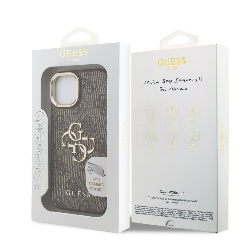 Guess PU 4G Metal Logo Stand Camera Frame Zadný Kryt pre iPhone 15 Brown