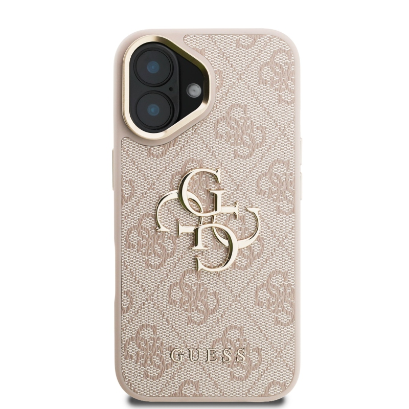 Guess PU 4G Metal Logo Stand Camera Frame Zadný Kryt pre iPhone 16 Pink