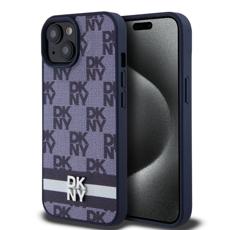 DKNY PU Leather Checkered Pattern and Stripe Zadný Kryt pre iPhone 15 Blue