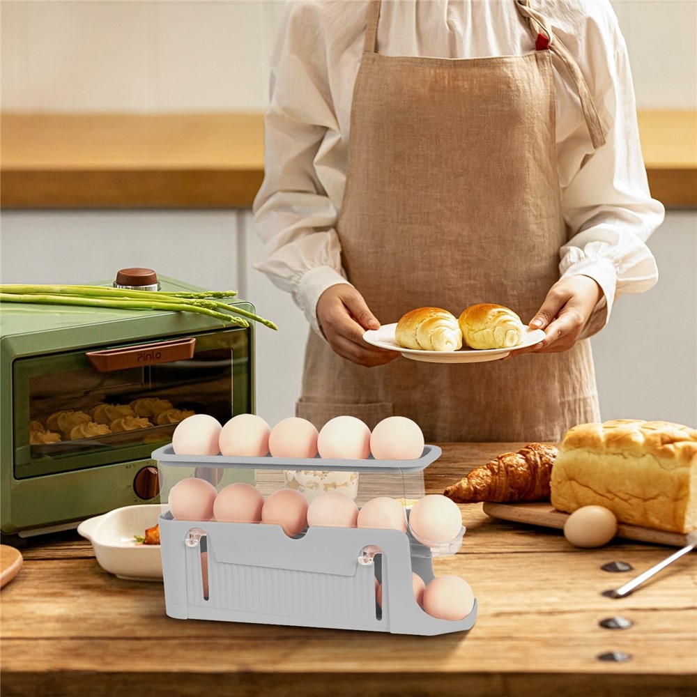 Trojposchodový organizér na vajcia do chladničky s automatickým posuvom - šedý