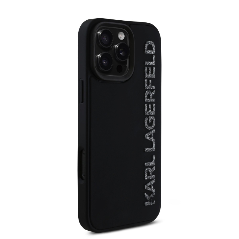 Karl Lagerfeld 3D Rubber Glitter Logo Zadný Kryt pre iPhone 16 Pro Black