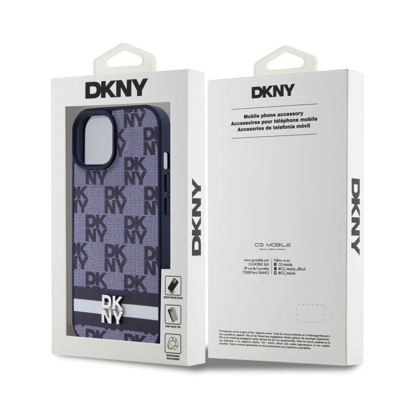 DKNY PU Leather Checkered Pattern and Stripe Zadný Kryt pre iPhone 15 Blue