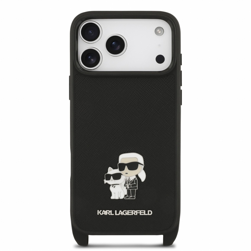 Karl Lagerfeld Saffiano Crossbody popruh Metal Karl a Choupette zadný kryt pre iPhone 18 Pro Max čierny