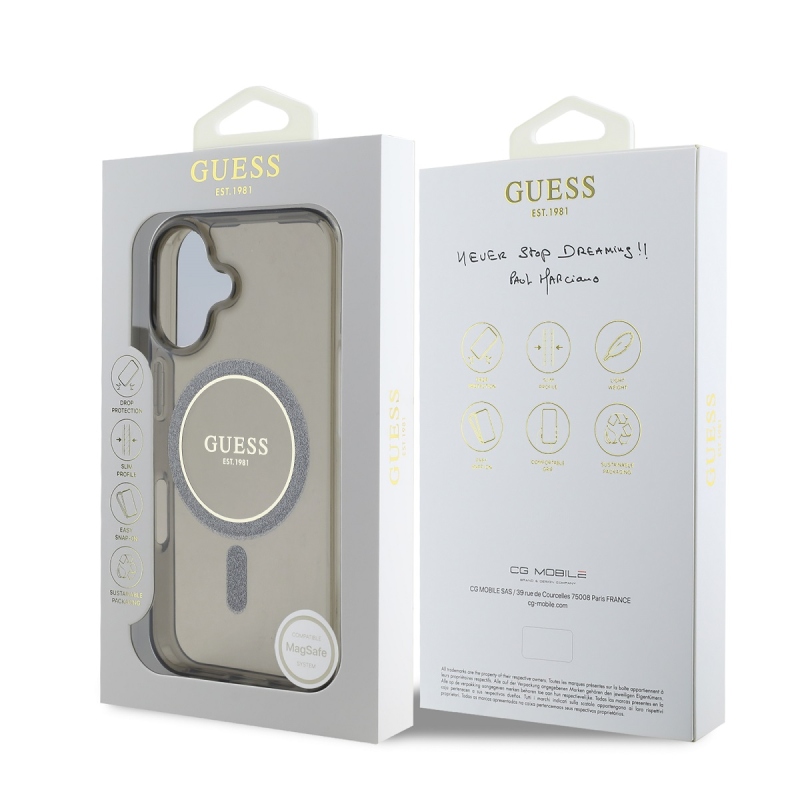 Guess IML Glitter Ring MagSafe Zadný Kryt pre iPhone 16 Black