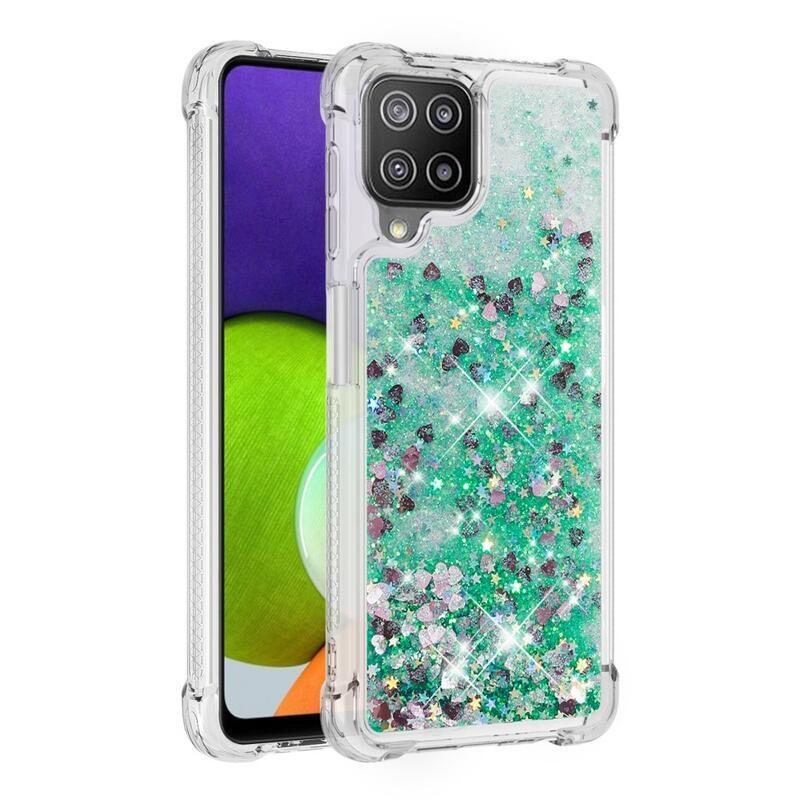 Glitter presýpacie gélový obal na mobil Samsung Galaxy A22 4G - zelený/srdiečka