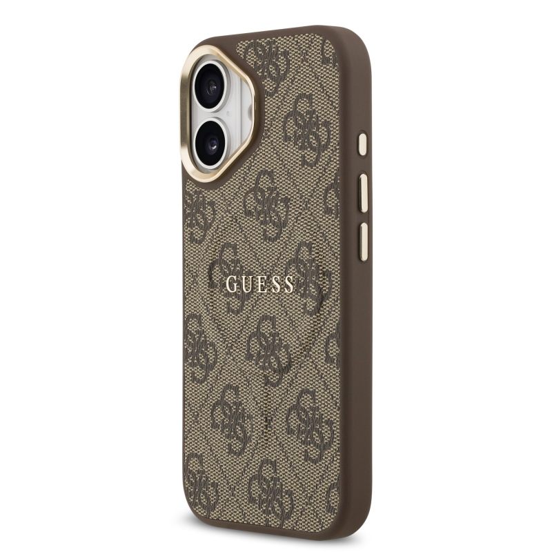 Guess PU kožený zadný kryt 4G Gold Frame MagSafe pre iPhone 17 Brown