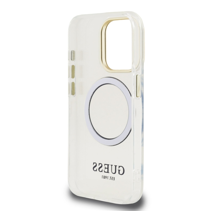 Guess IML Gold Outline Stand Camera Frame MagSafe Zadný Kryt pre iPhone 15 Pro Transparent