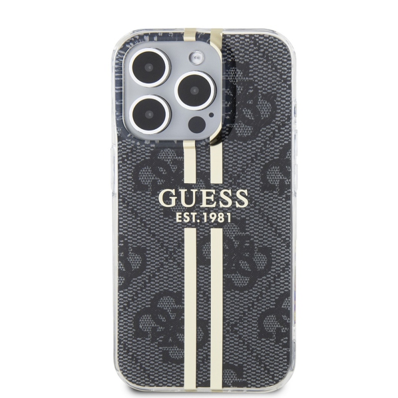 Guess IML 4G Gold Stripe Zadný Kryt pre iPhone 15 Pro Black