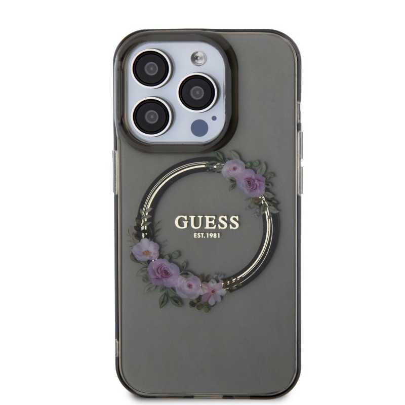 Guess PC/TPU Flowers Ring Glossy Logo MagSafe Zadný Kryt pre iPhone 13 Pro Black