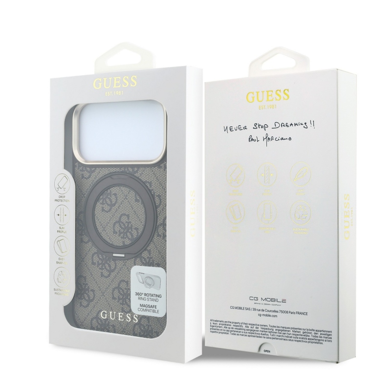 Guess PU 4G Ring Stand MagSafe zadný kryt pre iPhone 18 Pro, hnedý