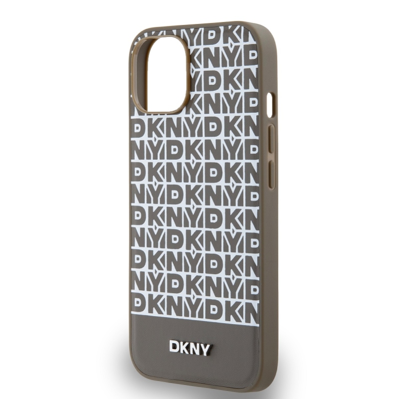 DKNY PU Leather Repeat Pattern Bottom Stripe MagSafe Zadný Kryt pre iPhone 13 Brown