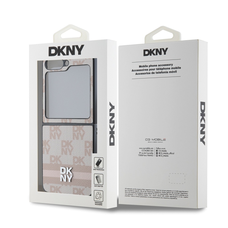 DKNY PU Leather Checkered Pattern and Stripe Zadný Kryt pre Samsung Galaxy Z Flip 6 Pink