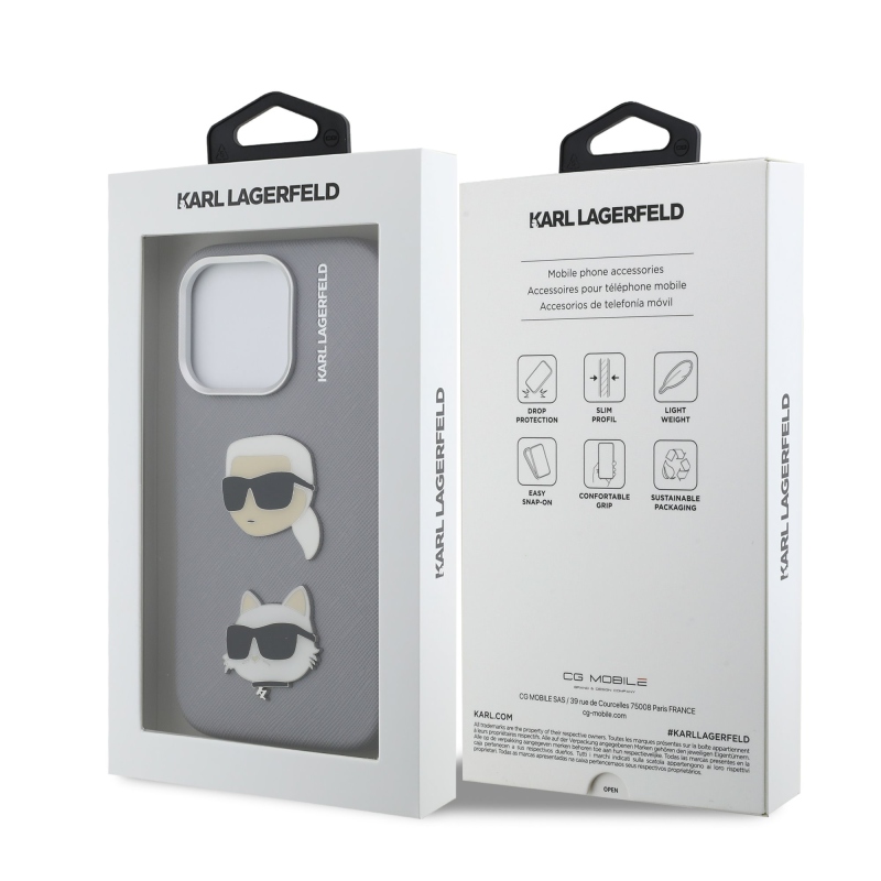 Karl Lagerfeld Grained PU K&CH Heads Zadný Kryt pre iPhone 16 Pro Grey