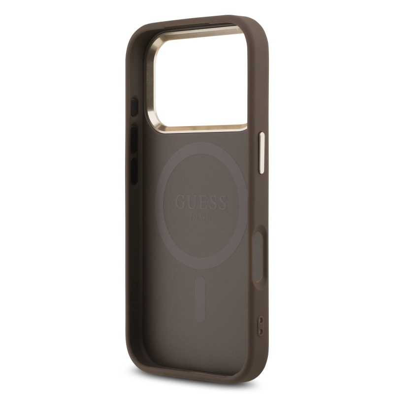 Guess PU kožený 4G štrasové trojuholníkové logo Gold Frame MagSafe zadný kryt pre iPhone 17 Pro Brown