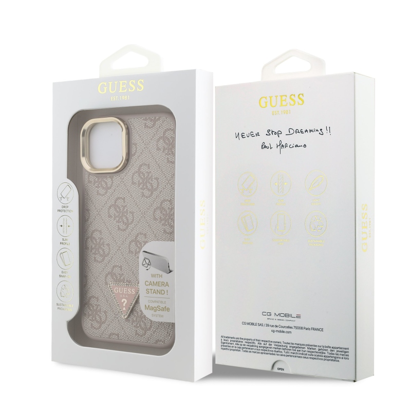 Guess PU 4G Strass Triangle Logo Stand Camera Frame MagSafe Zadný Kryt pre iPhone 14 Pink