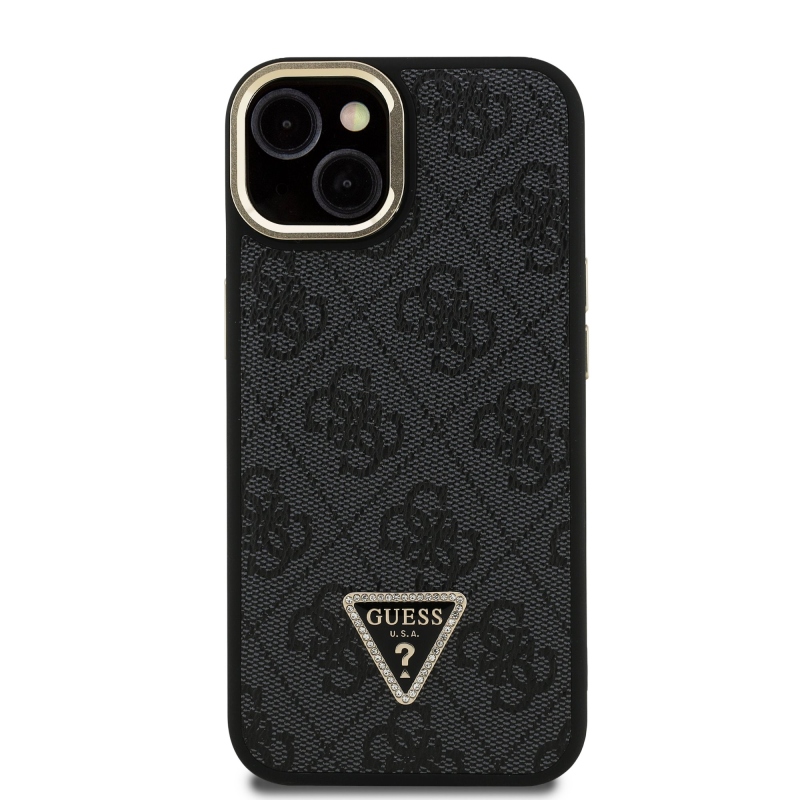 Guess PU 4G Strass Triangle Logo Stand Camera Frame MagSafe Zadný Kryt pre iPhone 14 Black