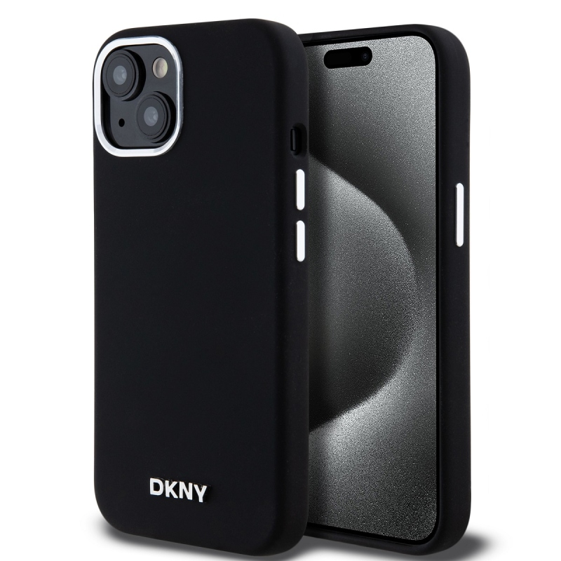 DKNY Liquid Silicone Silver Metal Logo Magsafe Zadný Kryt pre iPhone 15 Black