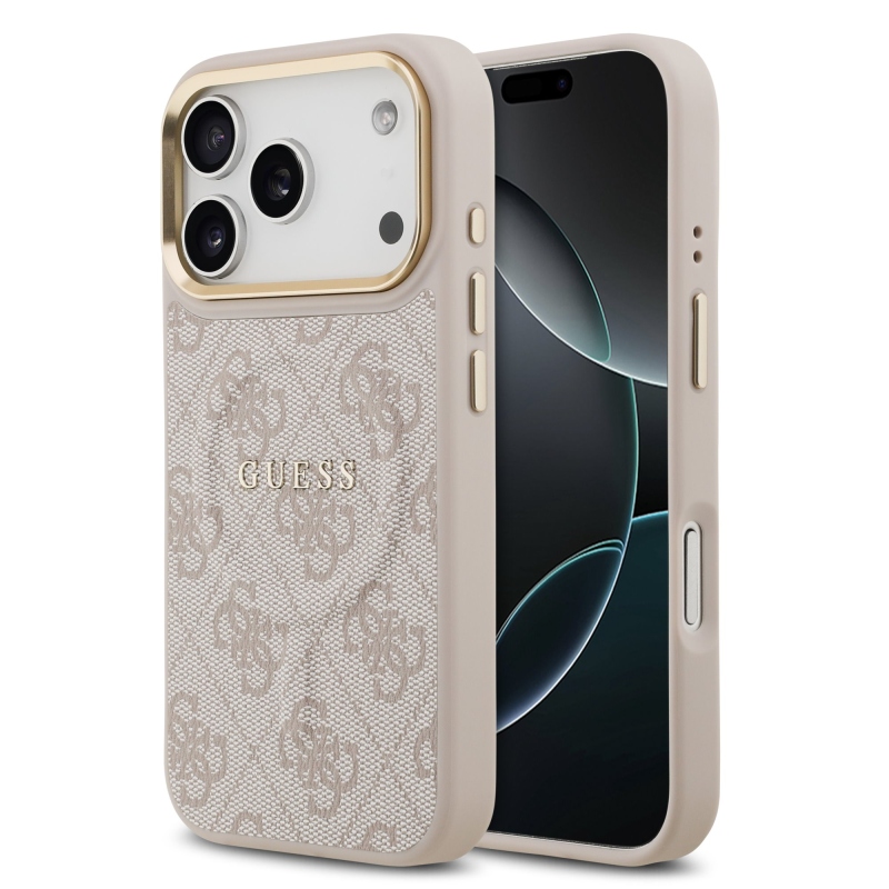 Guess PU kožený zadný kryt 4G Gold Frame MagSafe pre iPhone 17 Pro Pink