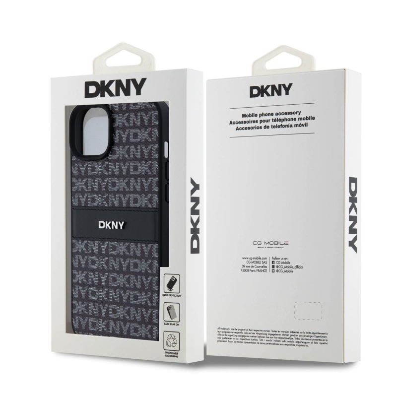 DKNY PU Leather Repeat Pattern Tonal Stripe Zadný Kryt pre iPhone 15 Plus Black