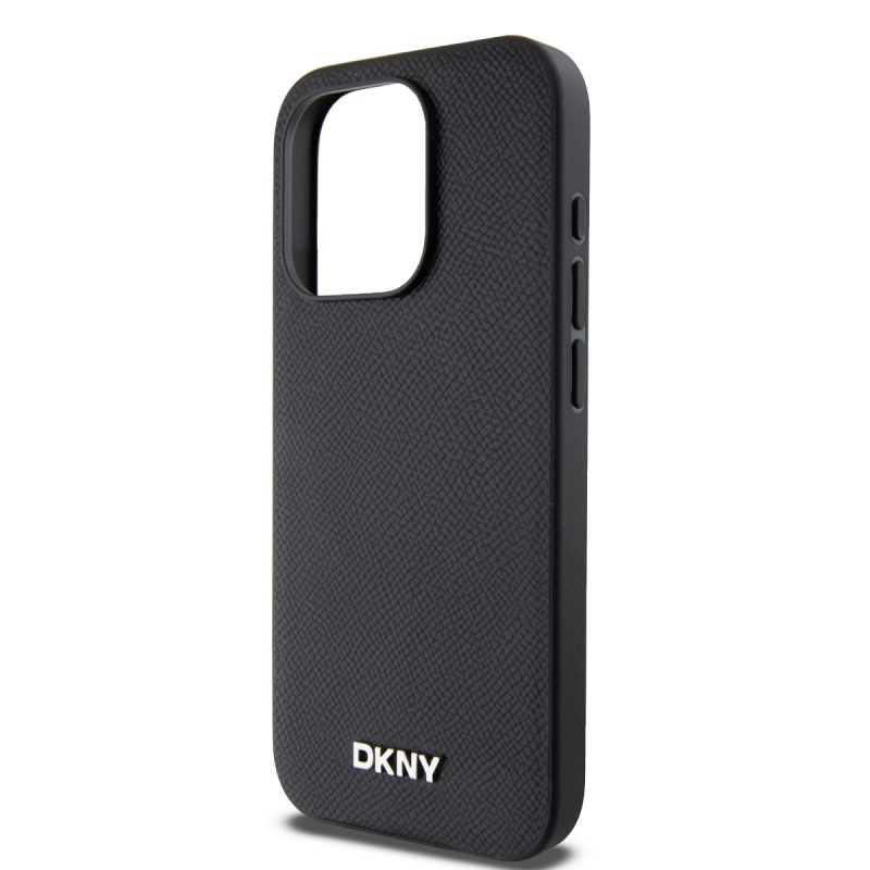 DKNY PU Leather Silver Metal Logo Magsafe Zadný Kryt pre iPhone 15 Pro Black