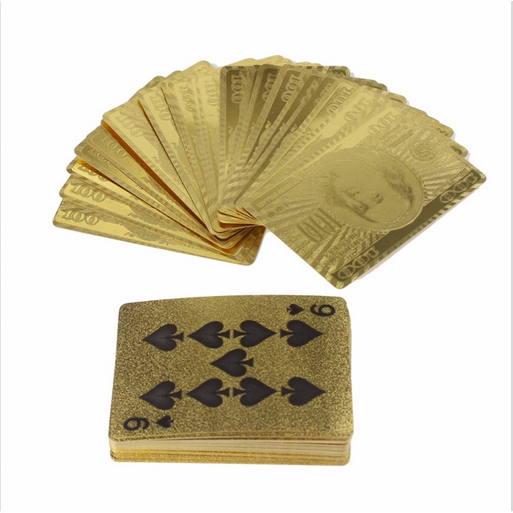 Vodeodolné plastové hracie karty 100 dolárov v zlatom prevedení 54 ks